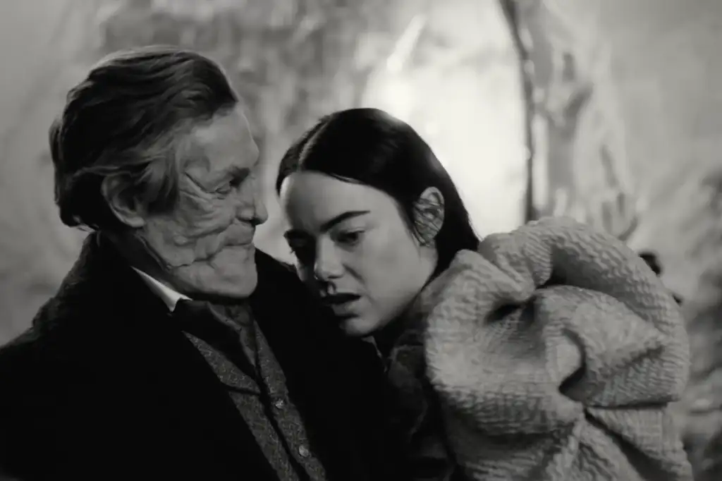 Screenshot from Poor Things with Emma Stone Willem Dafoe